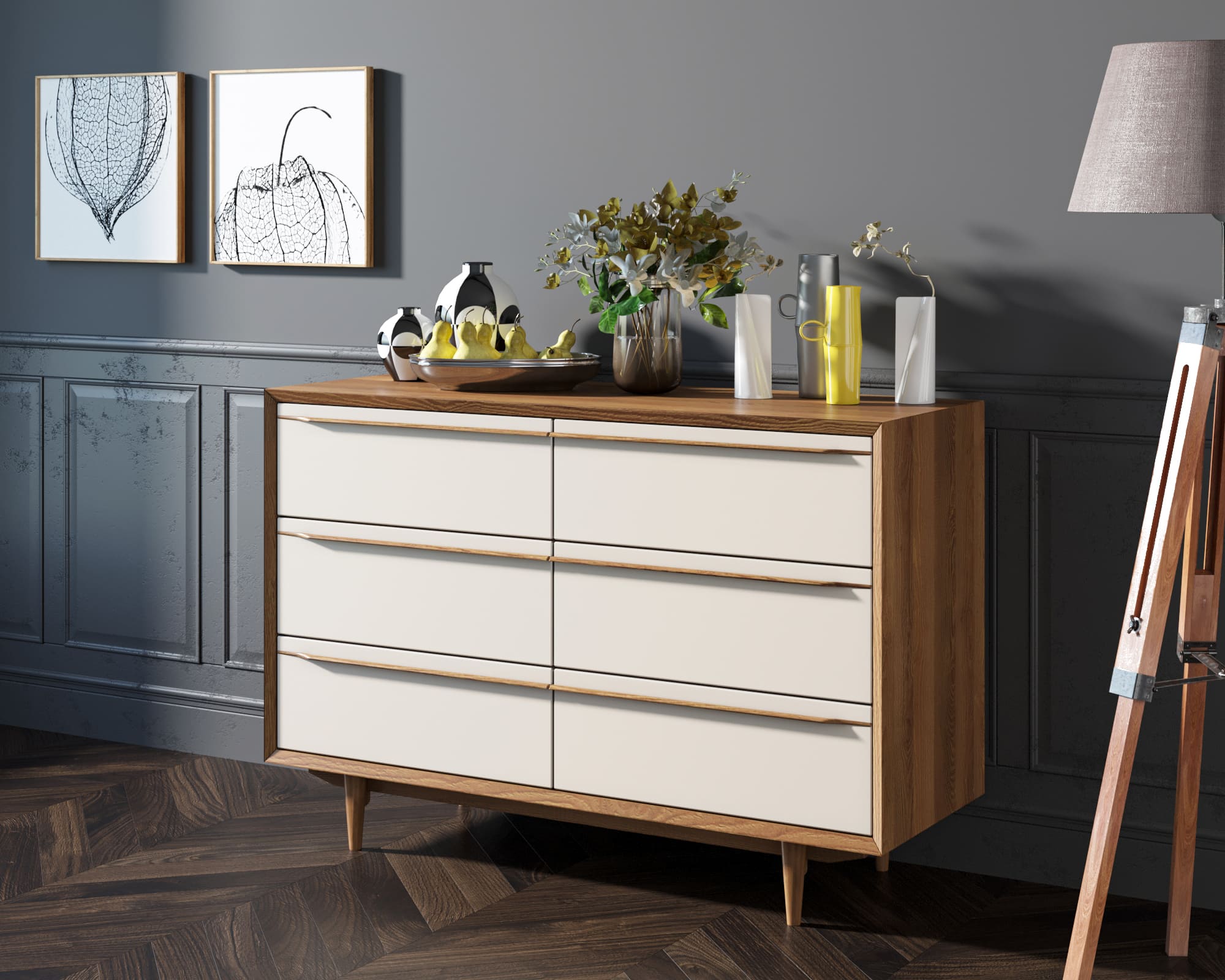 Комод массив дерева "Bruni white" с шестью ящиками