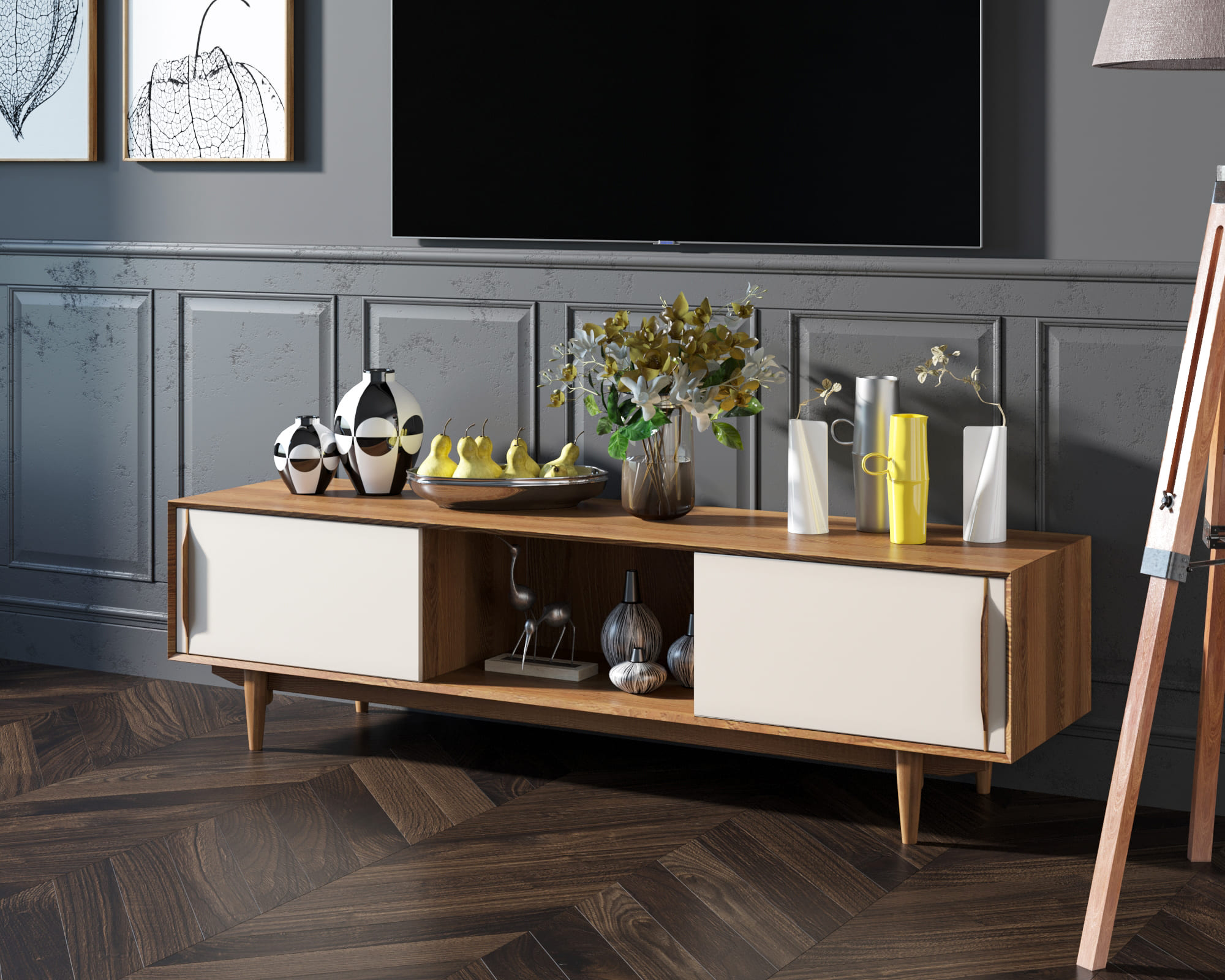 Консоль из дерева в Скандинавском стиле под TV "Bruni white"