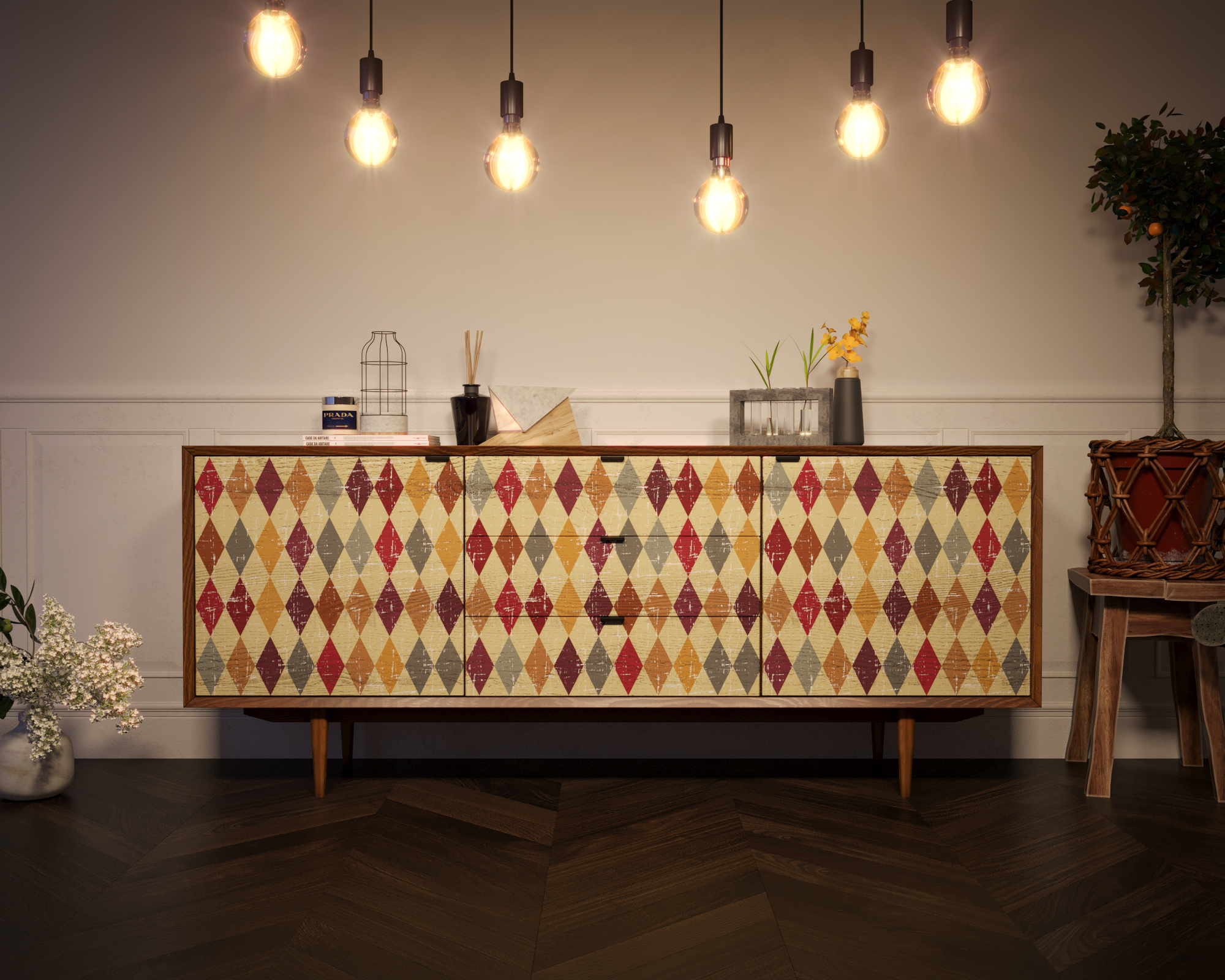 Комод массив "Bruni print" с тремя ящиками и дверками