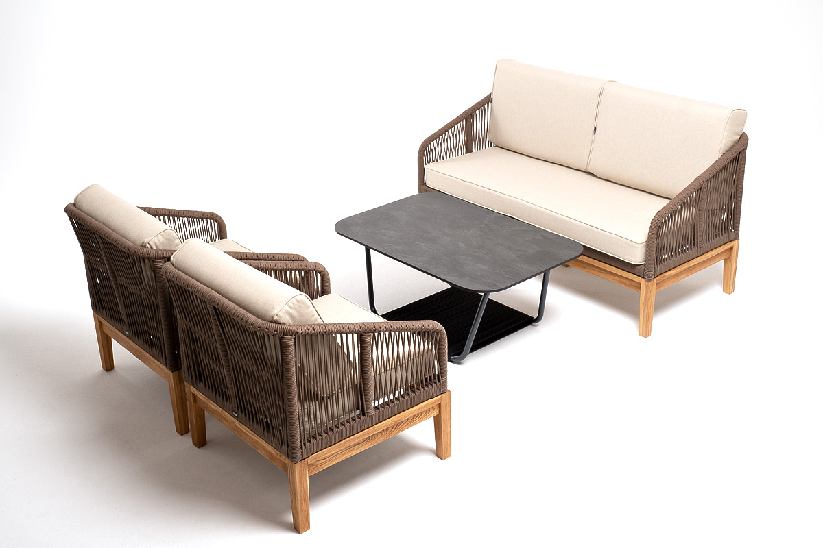 "Каннизо" лаунж-зона 4-местная из роупа со столом "Горнида" (серый гранит), основание дуб, роуп коричневый, ткань бежевая